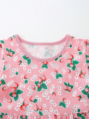 2pcs/Set Girls' Casual Cartoon Printed Round Neck Short Sleeve Dress, Summer