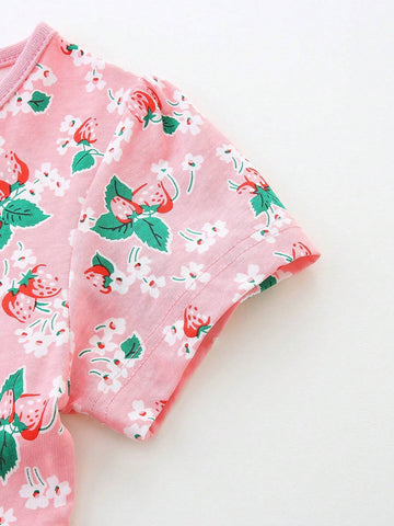 2pcs/Set Girls' Casual Cartoon Printed Round Neck Short Sleeve Dress, Summer