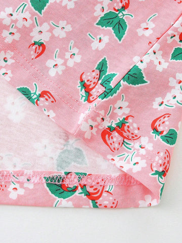 2pcs/Set Girls' Casual Cartoon Printed Round Neck Short Sleeve Dress, Summer