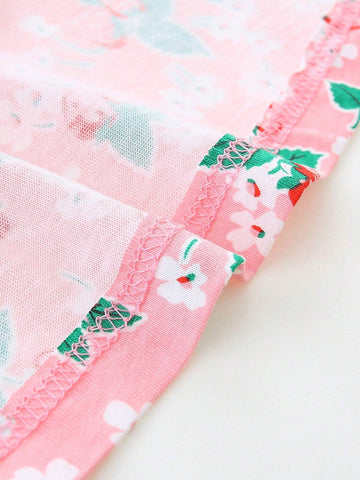 2pcs/Set Girls' Casual Cartoon Printed Round Neck Short Sleeve Dress, Summer