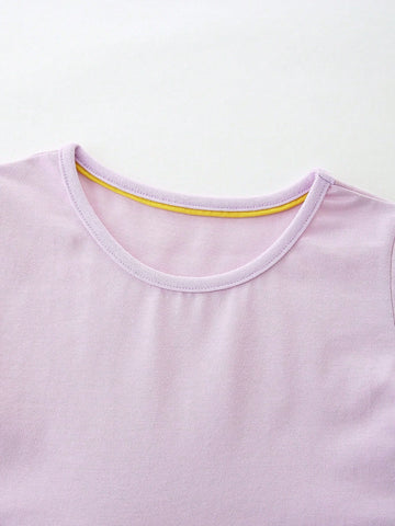 2pcs/Set Girls' Casual Cartoon Printed Round Neck Short Sleeve Dress, Summer