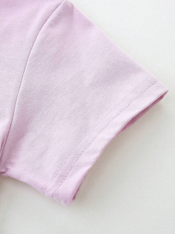 2pcs/Set Girls' Casual Cartoon Printed Round Neck Short Sleeve Dress, Summer