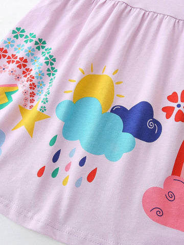 2pcs/Set Girls' Casual Cartoon Printed Round Neck Short Sleeve Dress, Summer