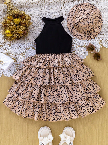 2pcs/Set Girls Casual Chic Leopard Print Sleeveless Halter Cake Style Dress With Hat, Summer Outfit Suitable For Vacation, Party
