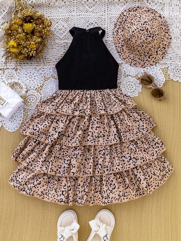 2pcs/Set Girls Casual Chic Leopard Print Sleeveless Halter Cake Style Dress With Hat, Summer Outfit Suitable For Vacation, Party