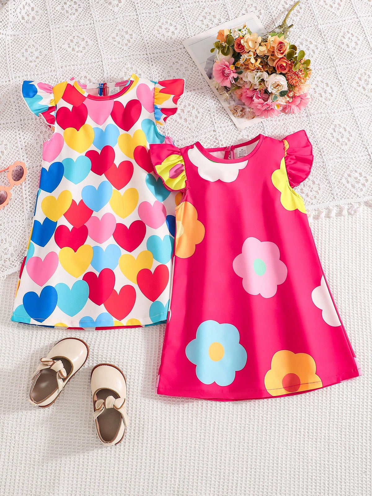 2pcs/Set Girls Casual Cute Daily Summer Outfit, Round Neck Cap Sleeve Dress