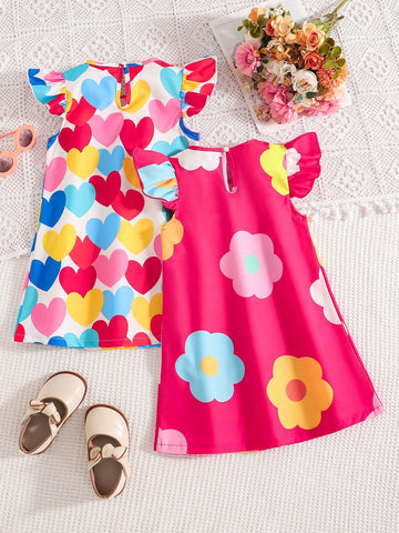 2pcs/Set Girls Casual Cute Daily Summer Outfit, Round Neck Cap Sleeve Dress