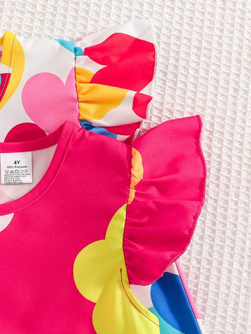 2pcs/Set Girls Casual Cute Daily Summer Outfit, Round Neck Cap Sleeve Dress