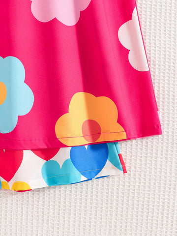 2pcs/Set Girls Casual Cute Daily Summer Outfit, Round Neck Cap Sleeve Dress