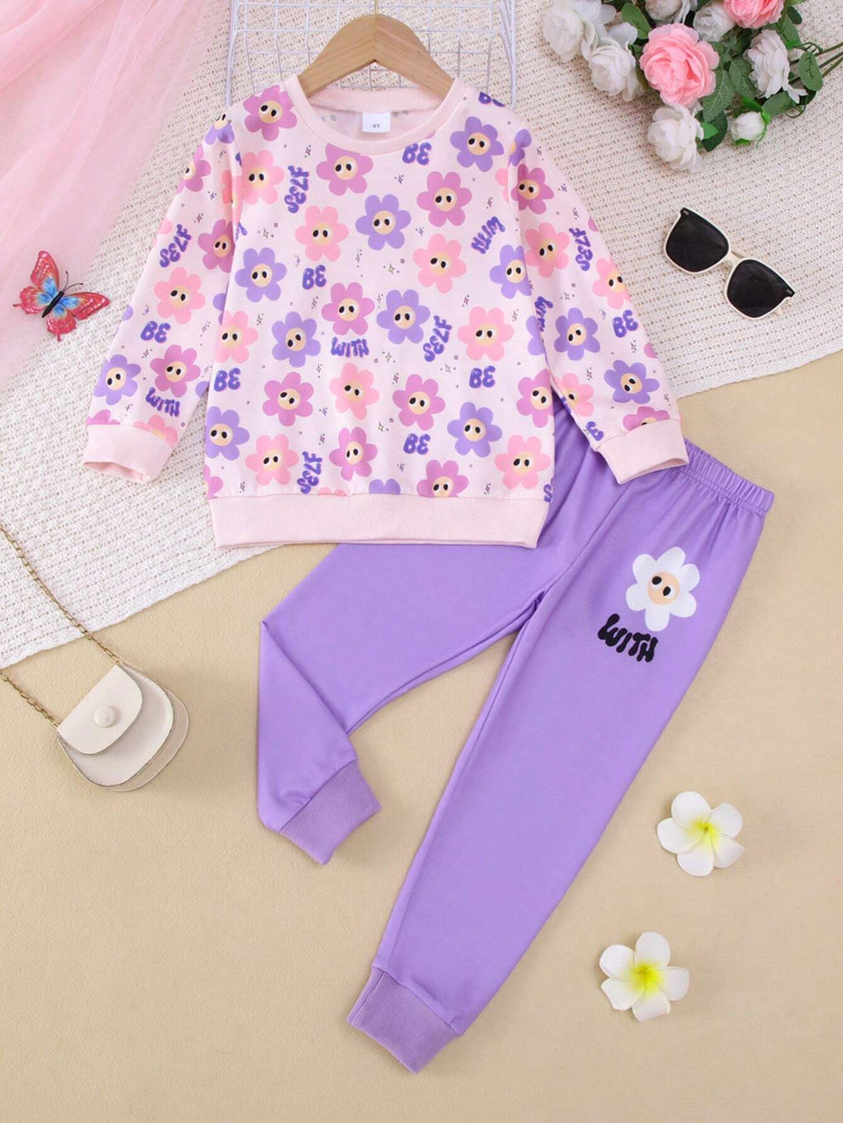 2pcs/Set Girls Casual Floral Print Long Sleeve Top And Matching Floral Allover Print Leggings, Autumn/Winter