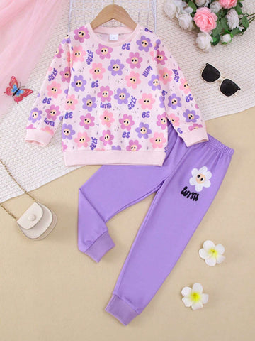 2pcs/Set Girls Casual Floral Print Long Sleeve Top And Matching Floral Allover Print Leggings, Autumn/Winter