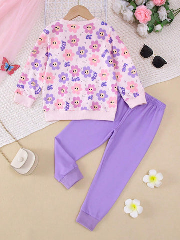 2pcs/Set Girls Casual Floral Print Long Sleeve Top And Matching Floral Allover Print Leggings, Autumn/Winter