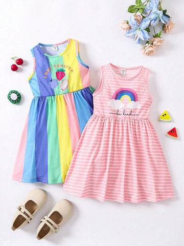 2pcs/Set Girls Casual Holiday Rainbow Striped Sleeveless Tank Top & Dress Set, Matching Sisters Outfits, Suitable For Spring & Summer