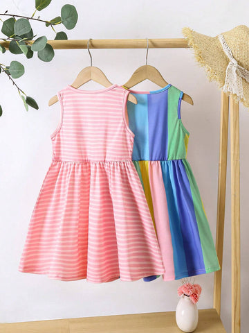 2pcs/Set Girls Casual Holiday Rainbow Striped Sleeveless Tank Top & Dress Set, Matching Sisters Outfits, Suitable For Spring & Summer