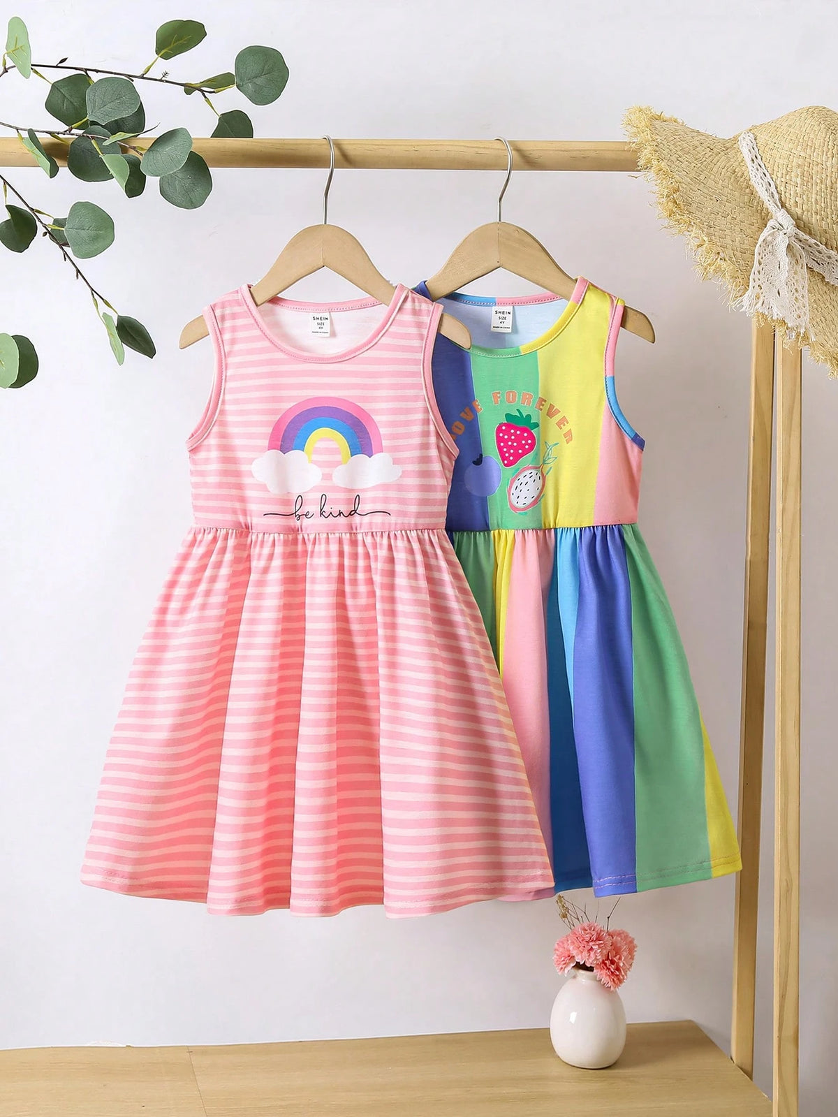 2pcs/Set Girls Casual Holiday Rainbow Striped Sleeveless Tank Top & Dress Set, Matching Sisters Outfits, Suitable For Spring & Summer
