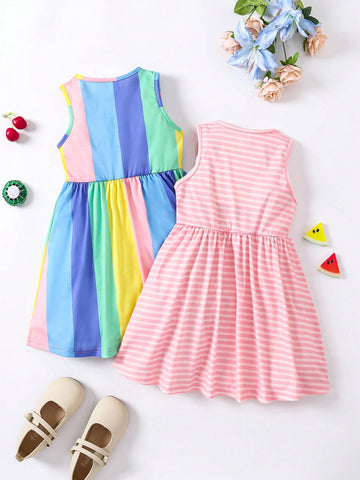 2pcs/Set Girls Casual Holiday Rainbow Striped Sleeveless Tank Top & Dress Set, Matching Sisters Outfits, Suitable For Spring & Summer
