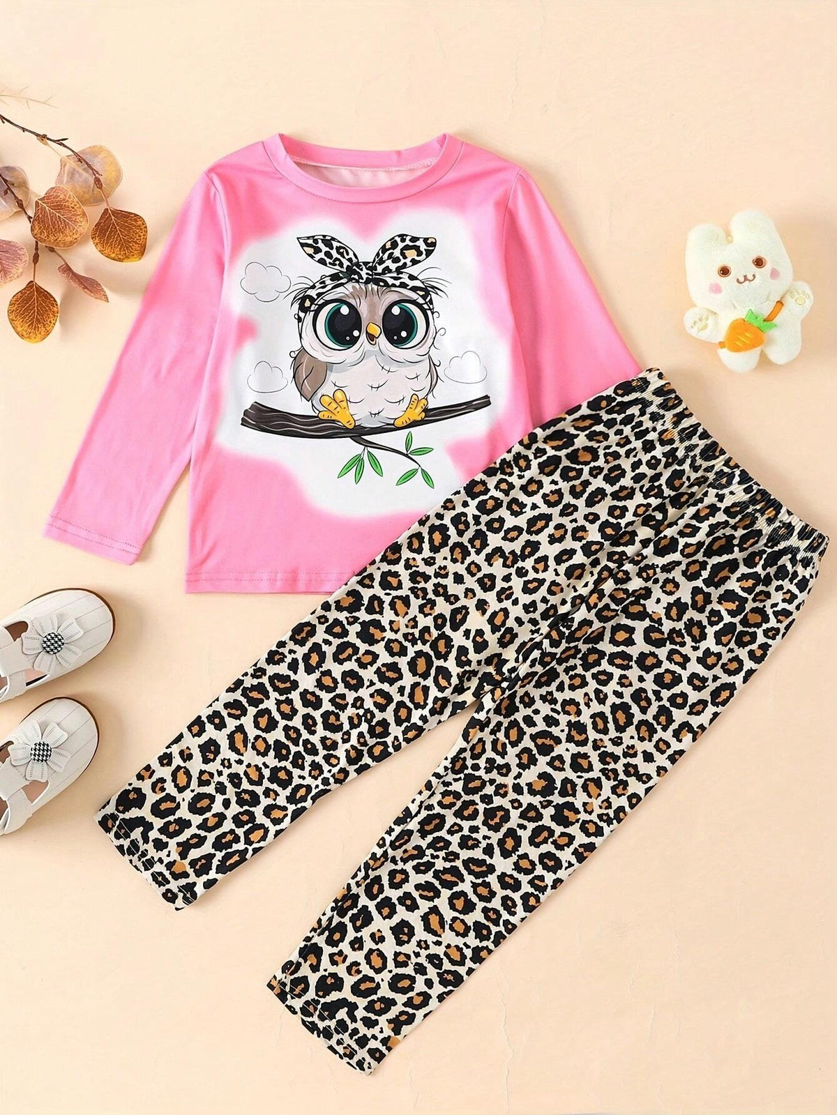 2pcs/Set Girls Casual Owl Print Long Sleeve Outfit With Leopard Print Leggings, Autumn/Winter