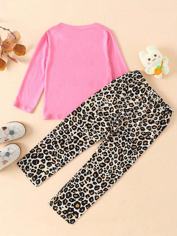 2pcs/Set Girls Casual Owl Print Long Sleeve Outfit With Leopard Print Leggings, Autumn/Winter