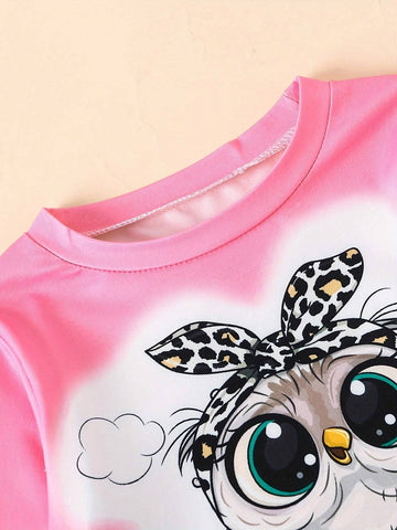 2pcs/Set Girls Casual Owl Print Long Sleeve Outfit With Leopard Print Leggings, Autumn/Winter