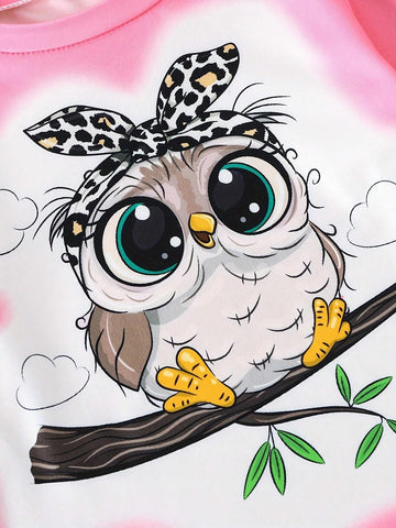 2pcs/Set Girls Casual Owl Print Long Sleeve Outfit With Leopard Print Leggings, Autumn/Winter