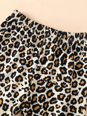 2pcs/Set Girls Casual Owl Print Long Sleeve Outfit With Leopard Print Leggings, Autumn/Winter