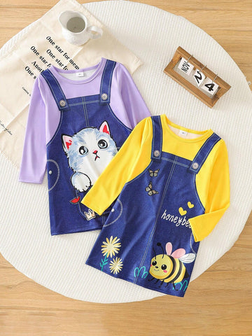 2pcs/Set Girls Casual Pastoral Style + Kitten Print Long Sleeve Dress, Suitable For Spring & Autumn Holiday Outings