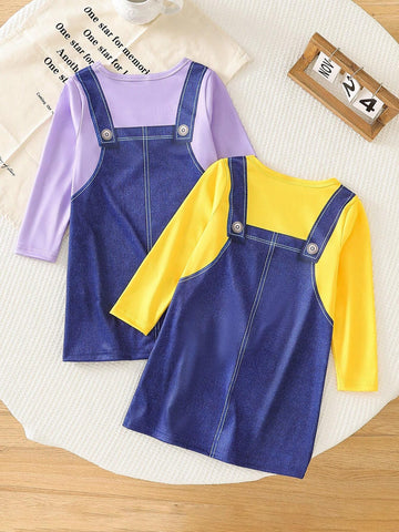 2pcs/Set Girls Casual Pastoral Style + Kitten Print Long Sleeve Dress, Suitable For Spring & Autumn Holiday Outings