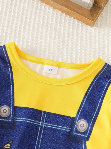 2pcs/Set Girls Casual Pastoral Style + Kitten Print Long Sleeve Dress, Suitable For Spring & Autumn Holiday Outings