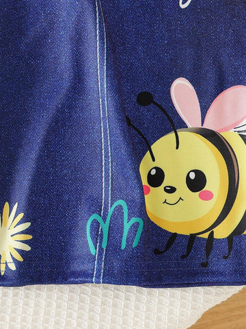 2pcs/Set Girls Casual Pastoral Style + Kitten Print Long Sleeve Dress, Suitable For Spring & Autumn Holiday Outings