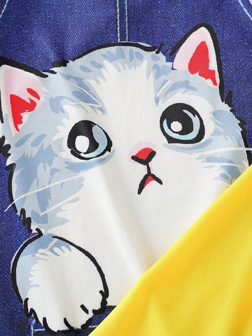 2pcs/Set Girls Casual Pastoral Style + Kitten Print Long Sleeve Dress, Suitable For Spring & Autumn Holiday Outings