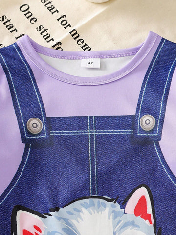 2pcs/Set Girls Casual Pastoral Style + Kitten Print Long Sleeve Dress, Suitable For Spring & Autumn Holiday Outings