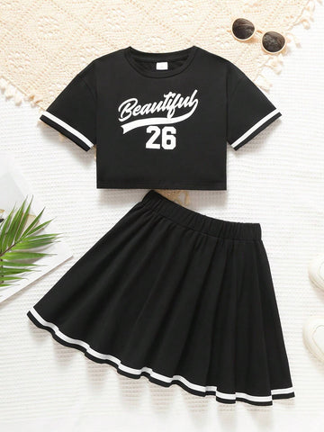 2pcs/Set Girls Casual Short Sleeve T-Shirt And Mini Skirt Sports Outfit, Spring Summer
