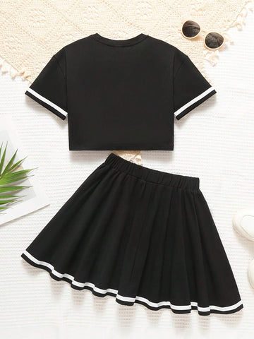2pcs/Set Girls Casual Short Sleeve T-Shirt And Mini Skirt Sports Outfit, Spring Summer