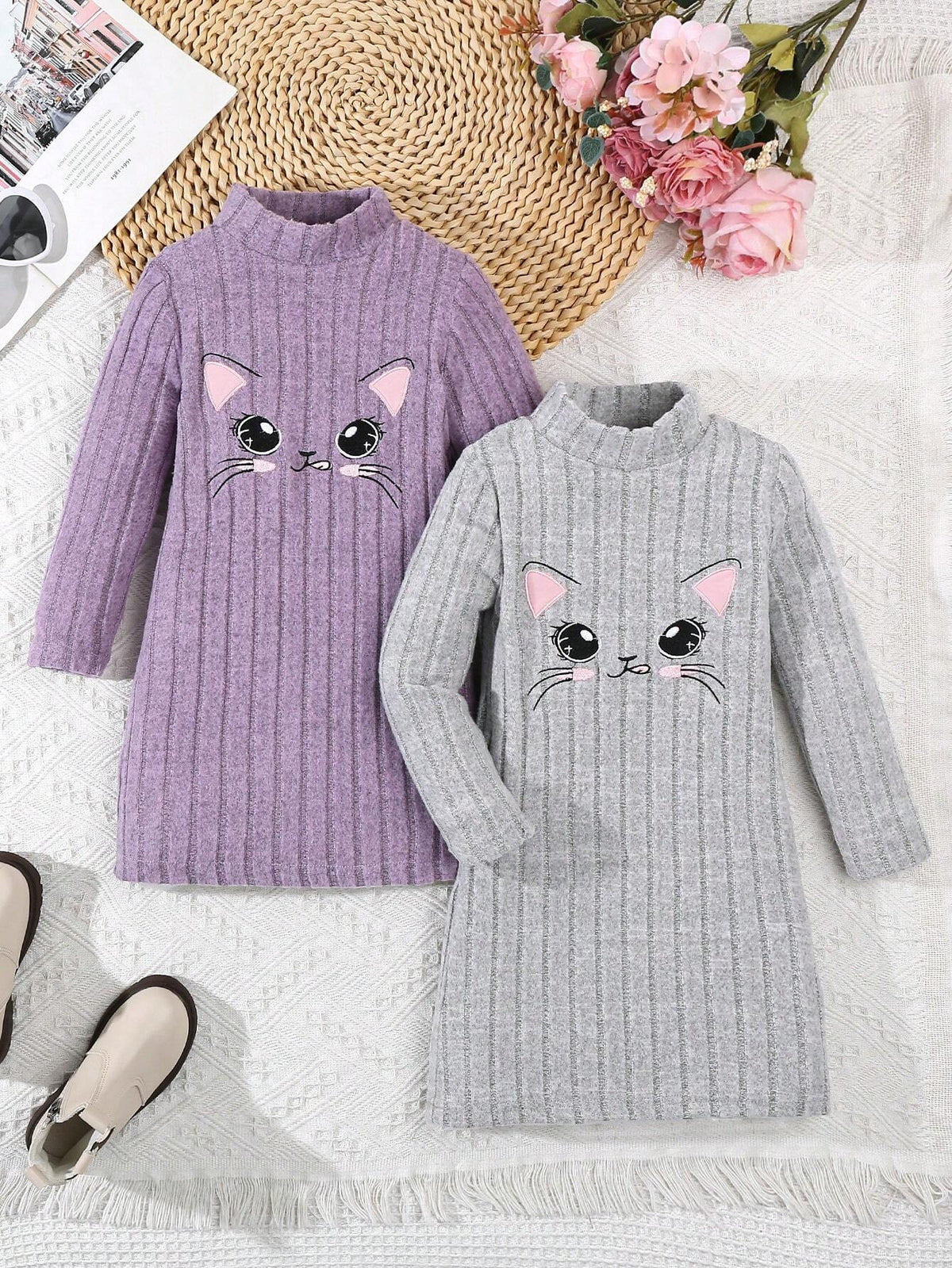 2pcs/Set Girls Cat Embroidery Round Neck Striped Faux Fur Solid Color Casual Cute Dress Suit, Autumn