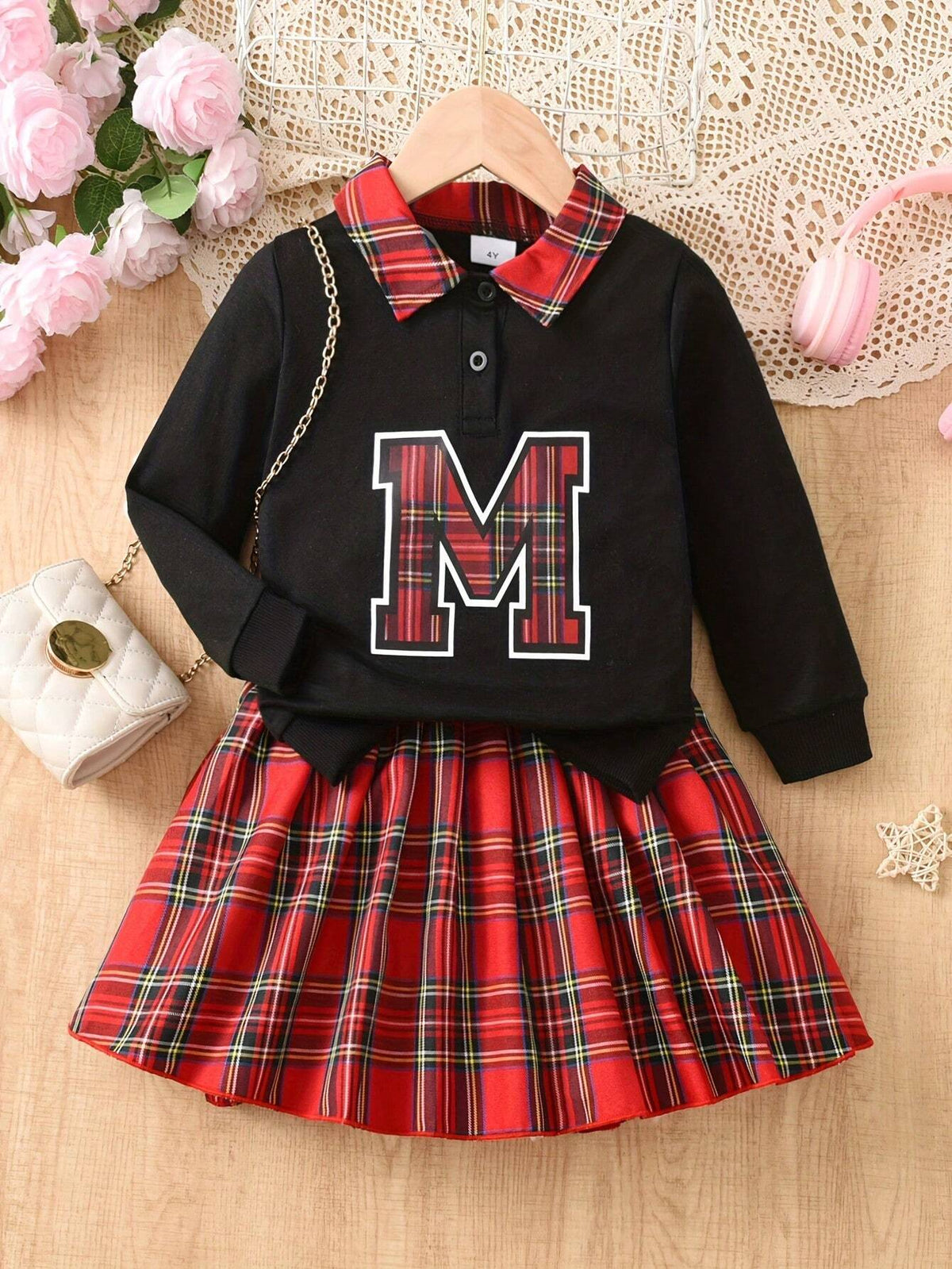 2pcs/Set Girls Classic Plaid Print Long Sleeve Sweatshirt & A-Line Pleated Skirt Outfit