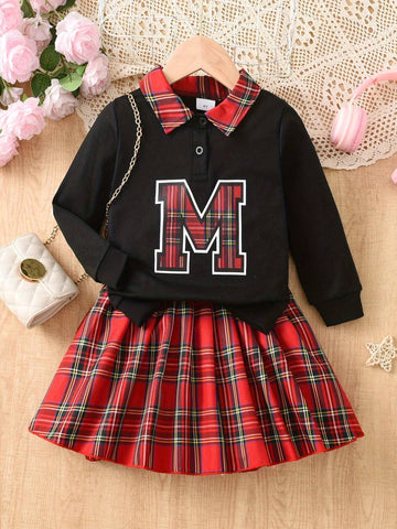 2pcs/Set Girls Classic Plaid Print Long Sleeve Sweatshirt & A-Line Pleated Skirt Outfit