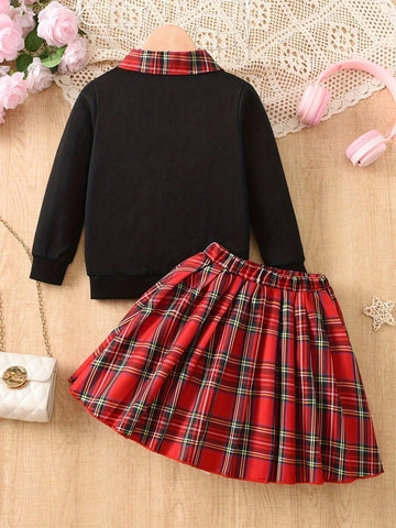 2pcs/Set Girls Classic Plaid Print Long Sleeve Sweatshirt & A-Line Pleated Skirt Outfit