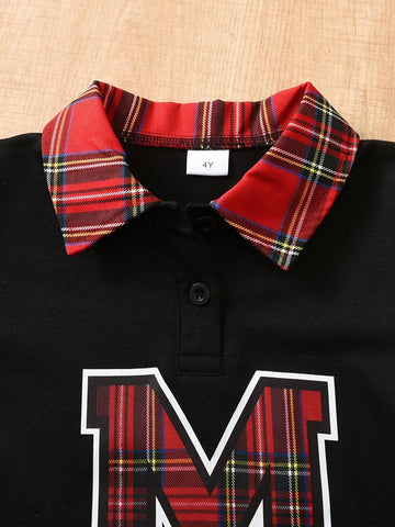 2pcs/Set Girls Classic Plaid Print Long Sleeve Sweatshirt & A-Line Pleated Skirt Outfit