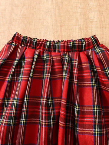 2pcs/Set Girls Classic Plaid Print Long Sleeve Sweatshirt & A-Line Pleated Skirt Outfit