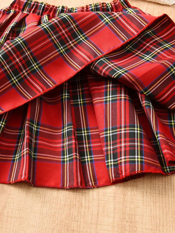 2pcs/Set Girls Classic Plaid Print Long Sleeve Sweatshirt & A-Line Pleated Skirt Outfit