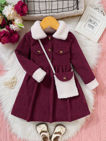 2pcs/Set Girls Corduroy Patchwork Fuzzy Dress With Matching Mini Bag, Fashion Stylish