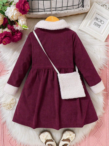 2pcs/Set Girls Corduroy Patchwork Fuzzy Dress With Matching Mini Bag, Fashion Stylish