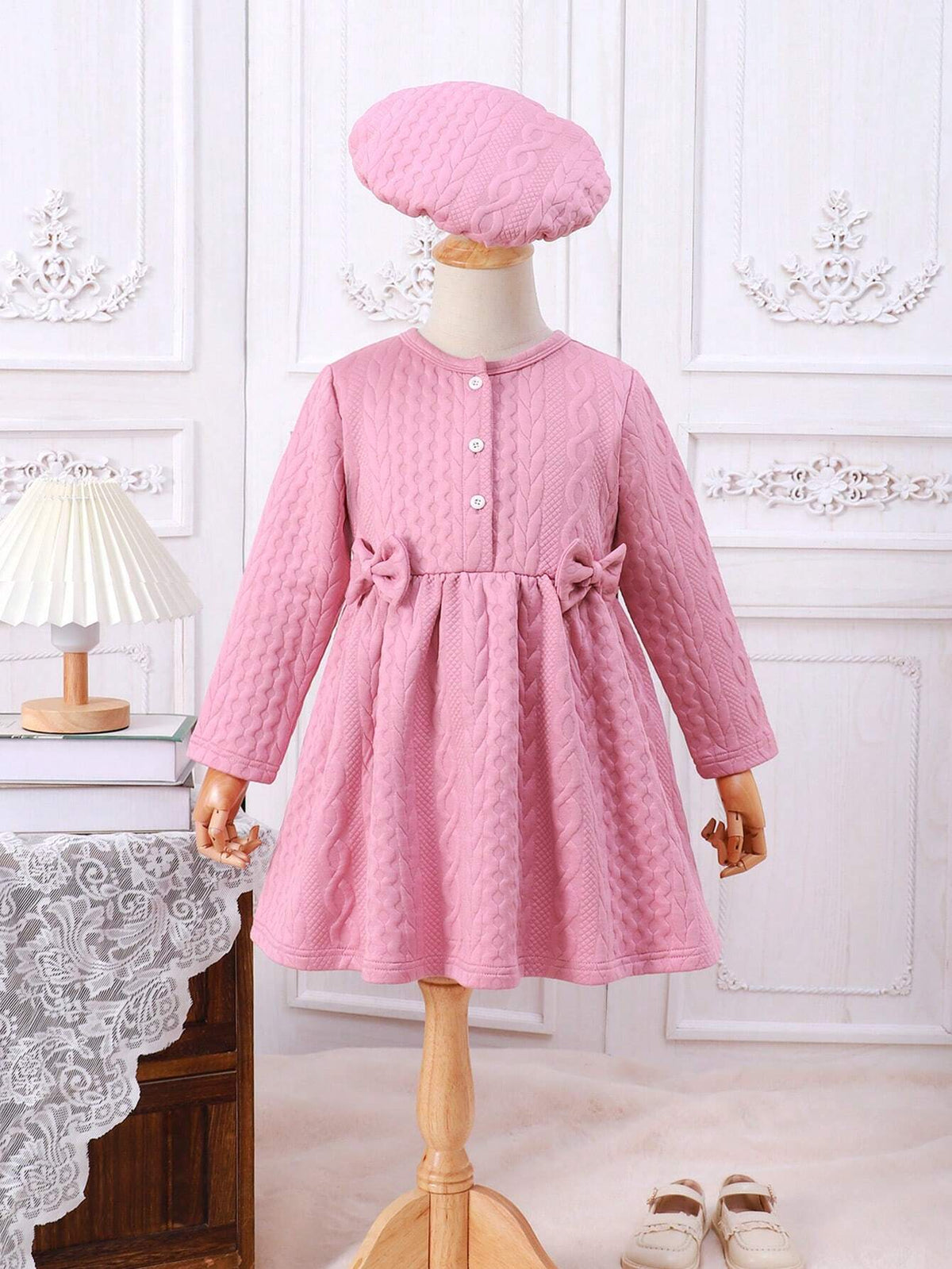 2pcs/Set Girls Cute Bow Decor Long Sleeve Round Neck Dress + Hat Set, Autumn/Winter