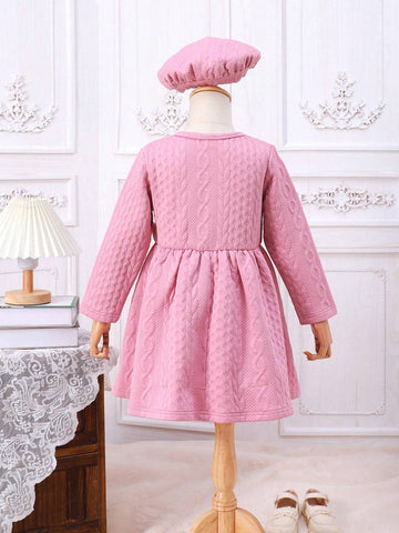 2pcs/Set Girls Cute Bow Decor Long Sleeve Round Neck Dress + Hat Set, Autumn/Winter