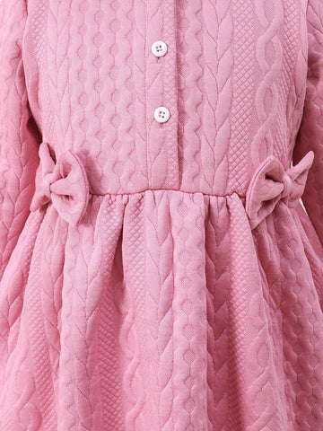 2pcs/Set Girls Cute Bow Decor Long Sleeve Round Neck Dress + Hat Set, Autumn/Winter