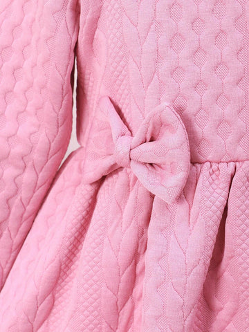 2pcs/Set Girls Cute Bow Decor Long Sleeve Round Neck Dress + Hat Set, Autumn/Winter