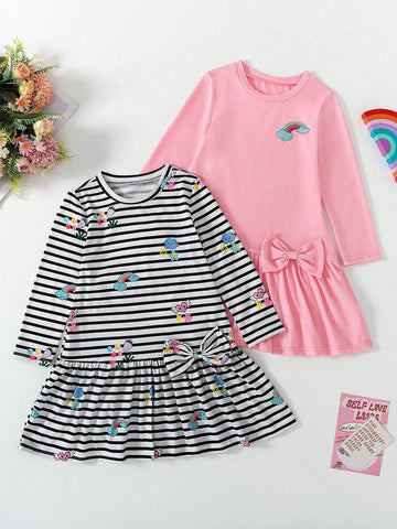 2pcs/Set Girls' Cute Rainbow, Fruit Print & Striped Long Sleeve Dress + Solid Color Dress Casual Comfortable Outfit For Daily Wear And Entertainment, Autumn