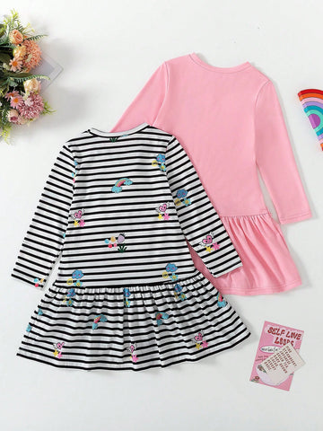 2pcs/Set Girls' Cute Rainbow, Fruit Print & Striped Long Sleeve Dress + Solid Color Dress Casual Comfortable Outfit For Daily Wear And Entertainment, Autumn