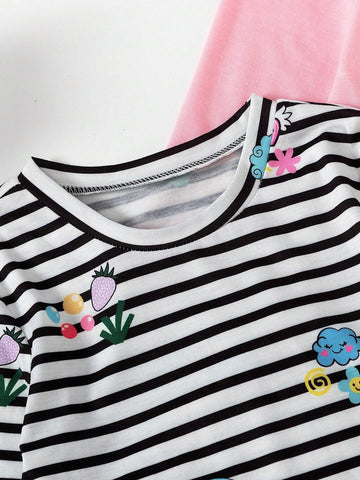 2pcs/Set Girls' Cute Rainbow, Fruit Print & Striped Long Sleeve Dress + Solid Color Dress Casual Comfortable Outfit For Daily Wear And Entertainment, Autumn