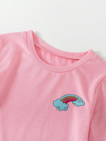 2pcs/Set Girls' Cute Rainbow, Fruit Print & Striped Long Sleeve Dress + Solid Color Dress Casual Comfortable Outfit For Daily Wear And Entertainment, Autumn